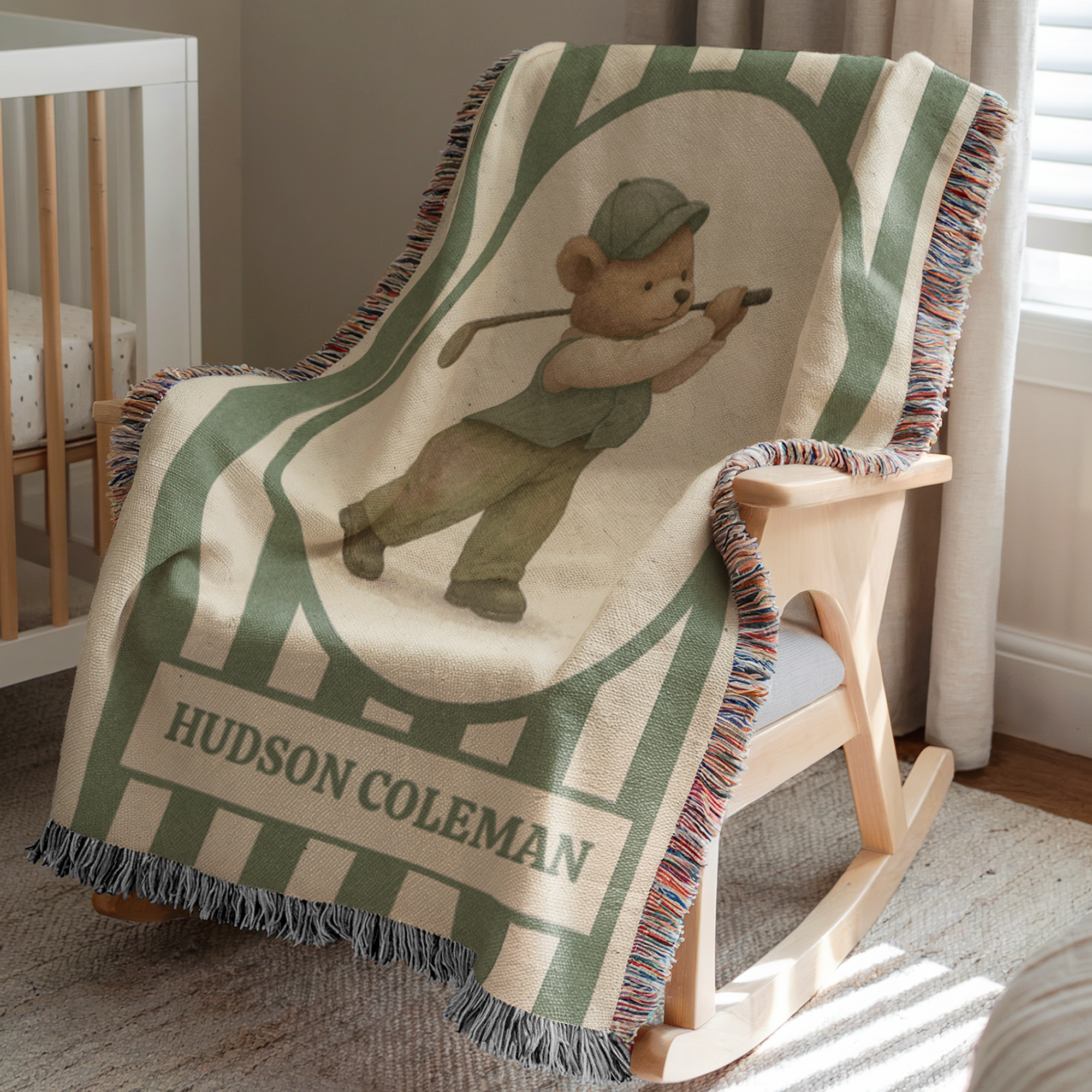 Personalized Golf Baby Blanket – Woven Teddy Bear Name Throw, Sage Preppy Nursery Decor, Little Golfer Gift