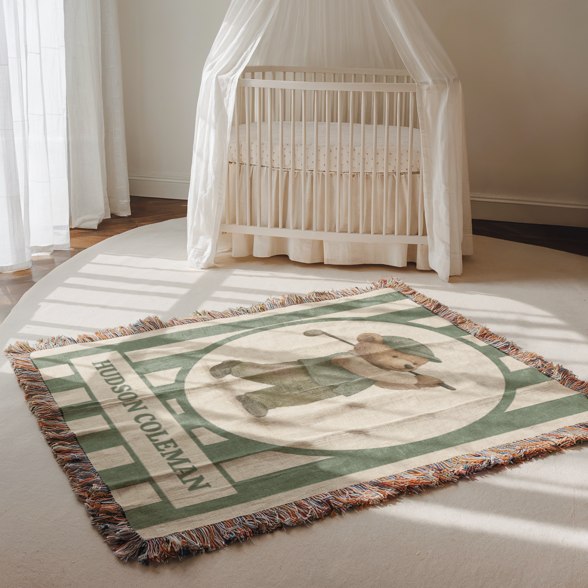 Personalized Golf Baby Blanket – Woven Teddy Bear Name Throw, Sage Preppy Nursery Decor, Little Golfer Gift