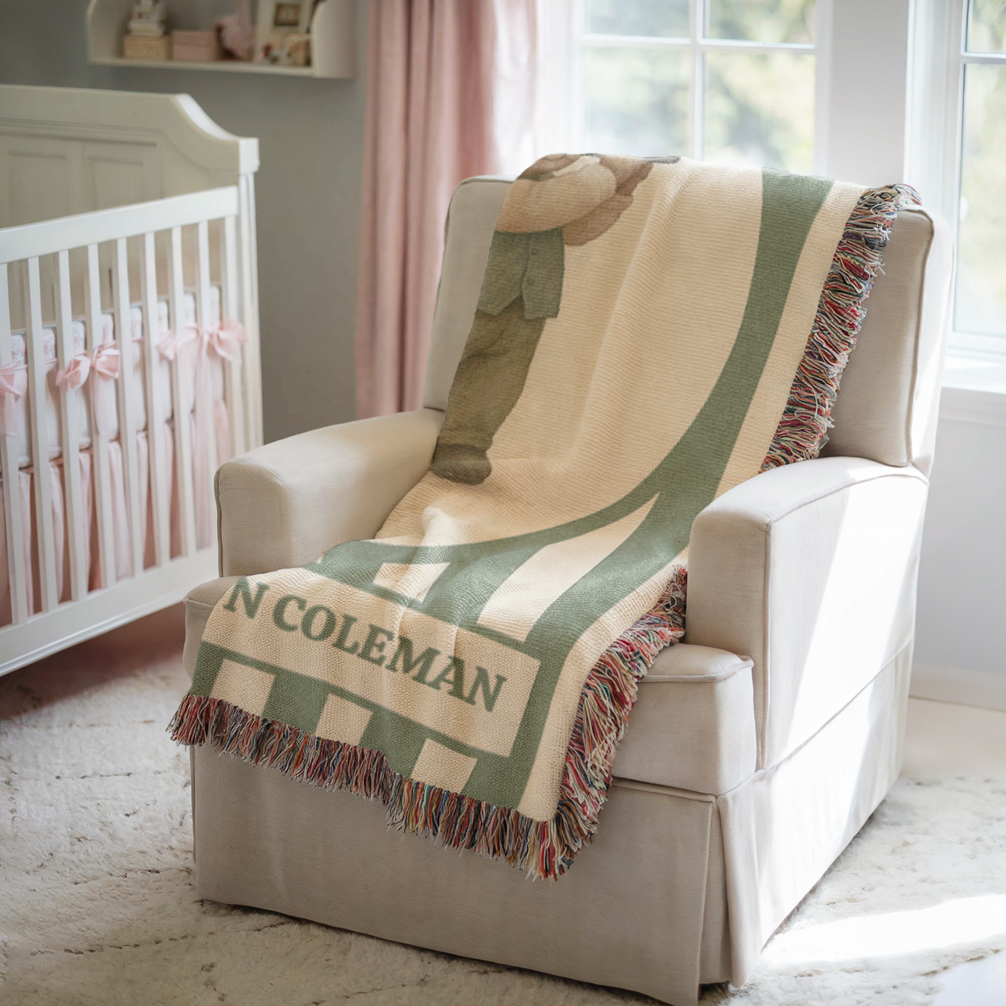 Personalized Golf Baby Blanket – Woven Teddy Bear Name Throw, Sage Preppy Nursery Decor, Little Golfer Gift