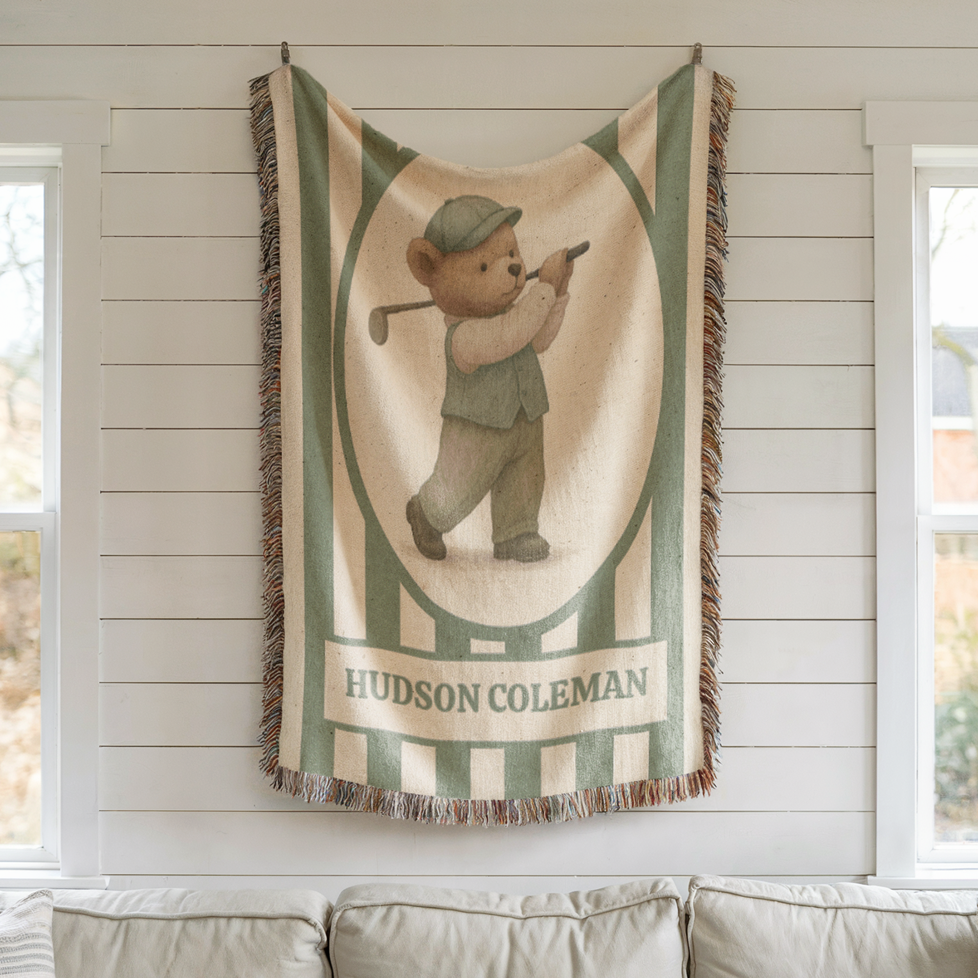 Personalized Golf Baby Blanket – Woven Teddy Bear Name Throw, Sage Preppy Nursery Decor, Little Golfer Gift