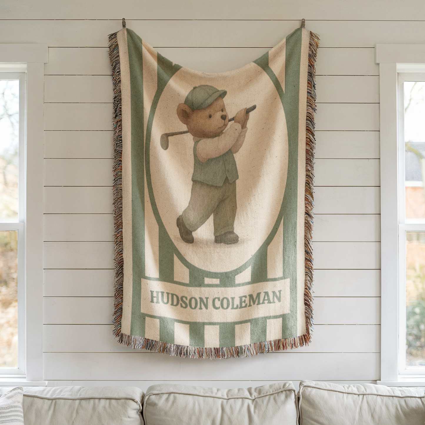 Personalized Golf Baby Blanket – Woven Teddy Bear Name Throw, Sage Preppy Nursery Decor, Little Golfer Gift