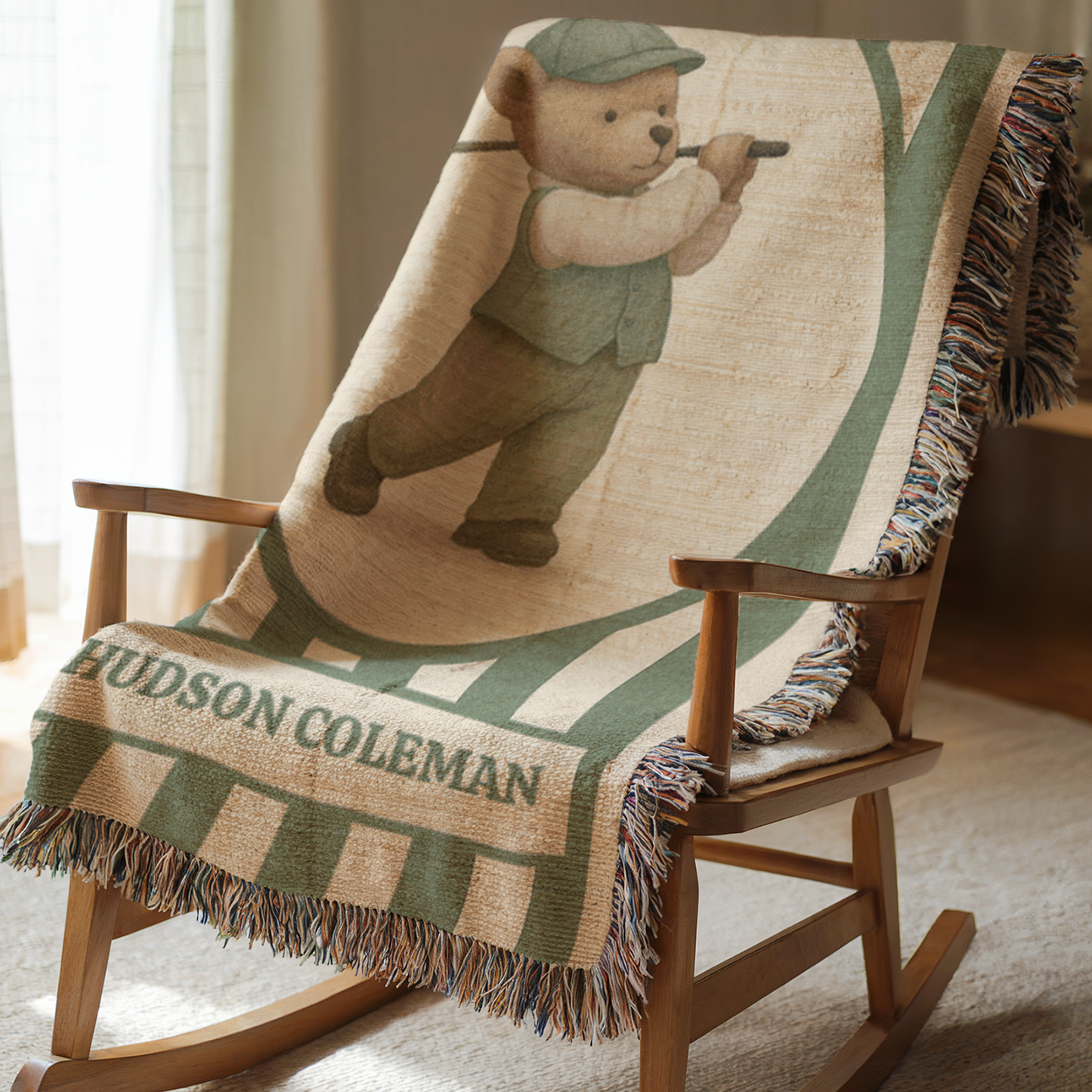 Personalized Golf Baby Blanket – Woven Teddy Bear Name Throw, Sage Preppy Nursery Decor, Little Golfer Gift