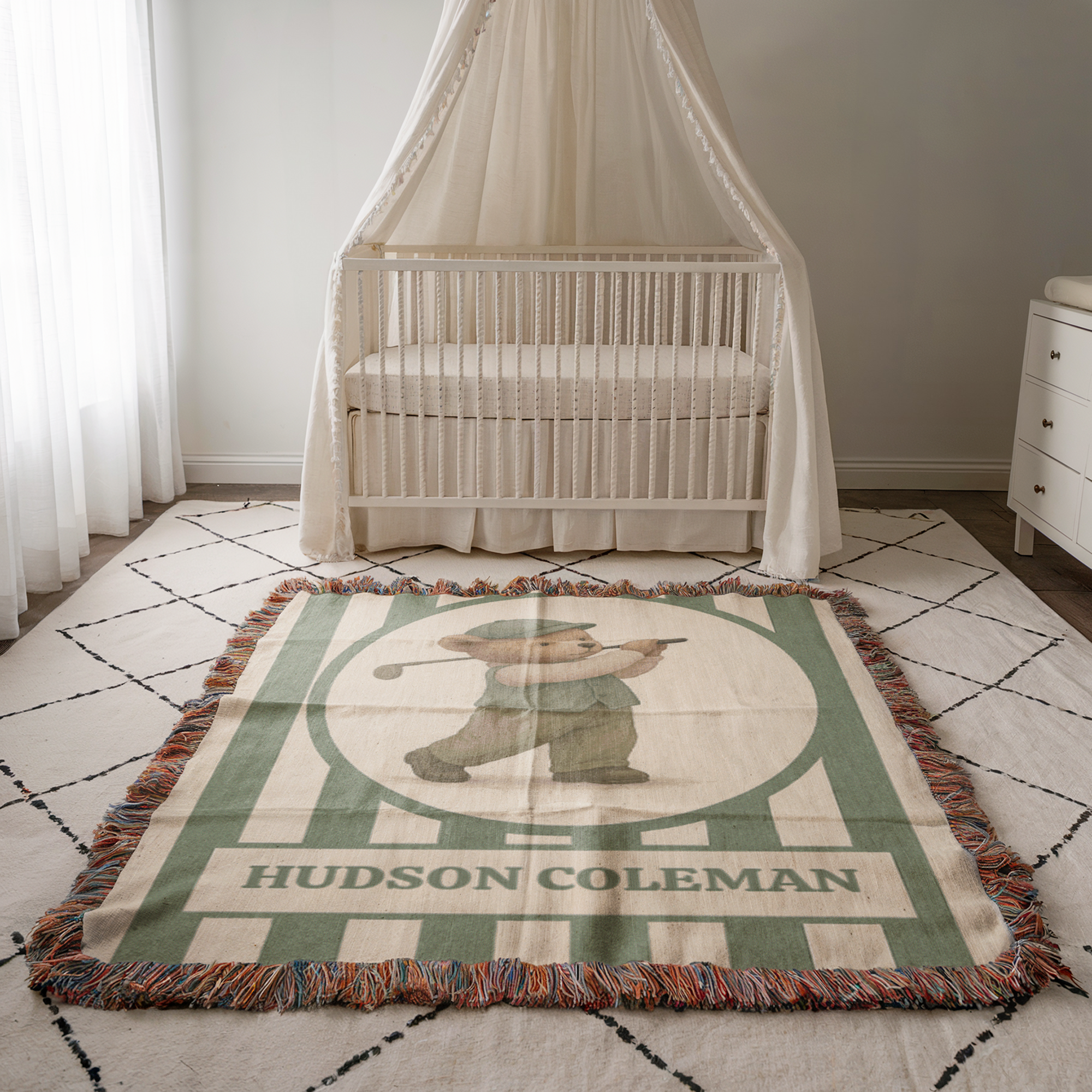 Personalized Golf Baby Blanket – Woven Teddy Bear Name Throw, Sage Preppy Nursery Decor, Little Golfer Gift