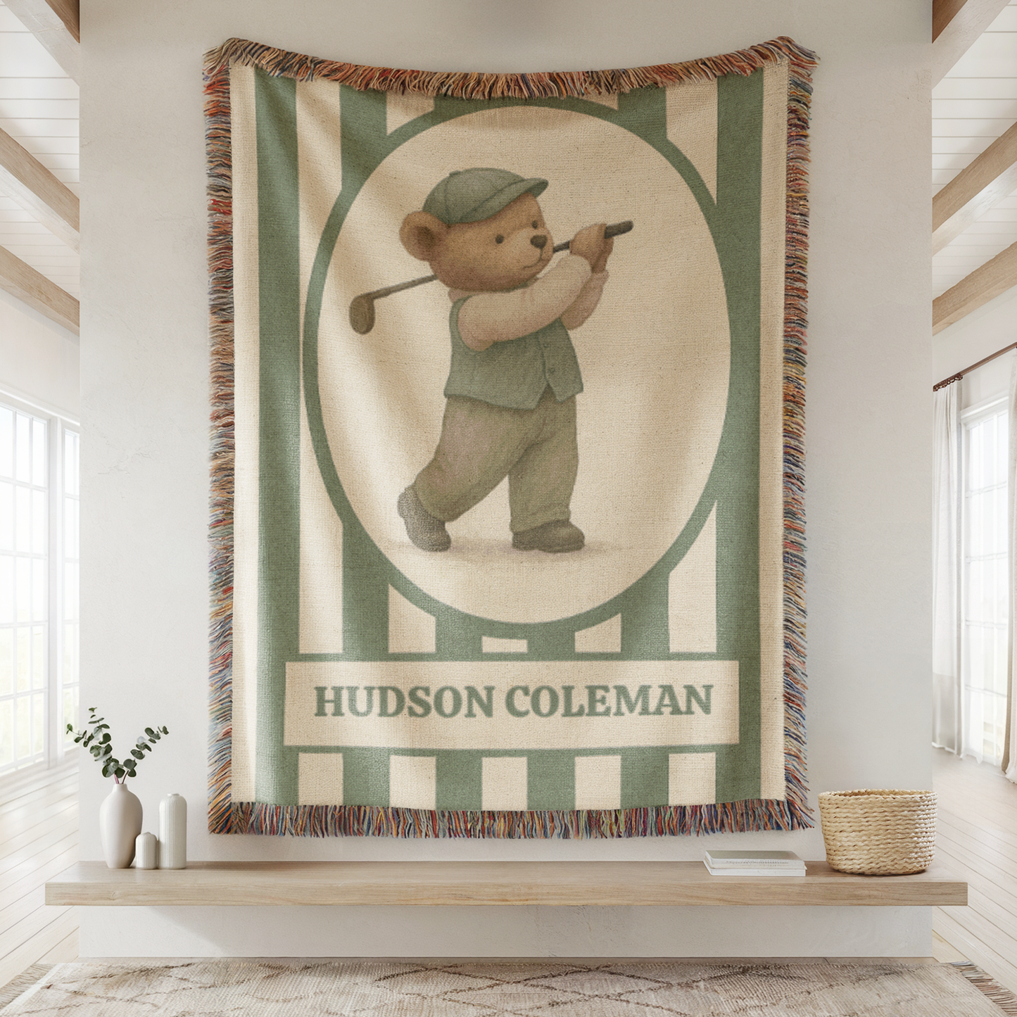 Personalized Golf Baby Blanket – Woven Teddy Bear Name Throw, Sage Preppy Nursery Decor, Little Golfer Gift