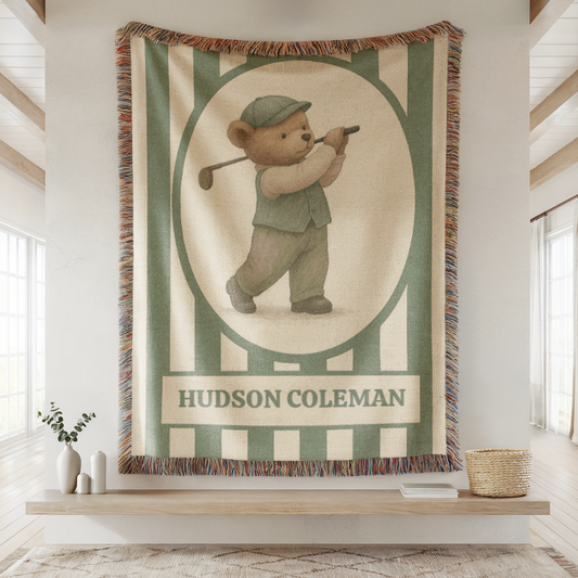 Personalized Golf Baby Blanket – Woven Teddy Bear Name Throw, Sage Preppy Nursery Decor, Little Golfer Gift