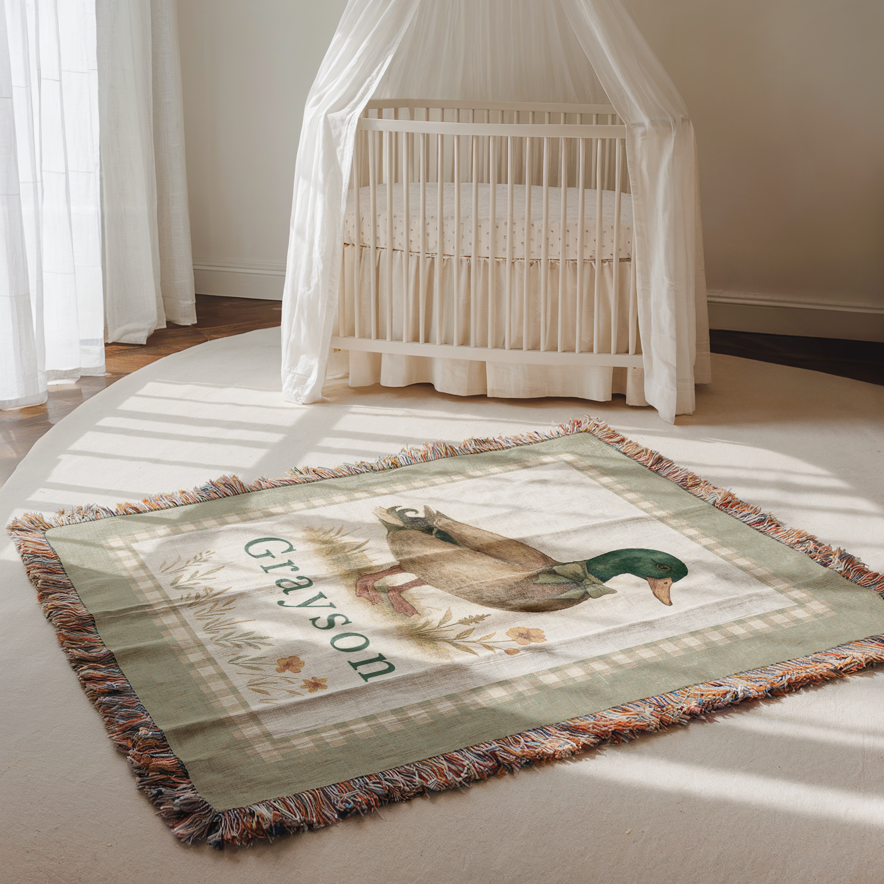 Personalized Mallard Duck Woven Blanket | Custom Name Nursery Keepsake