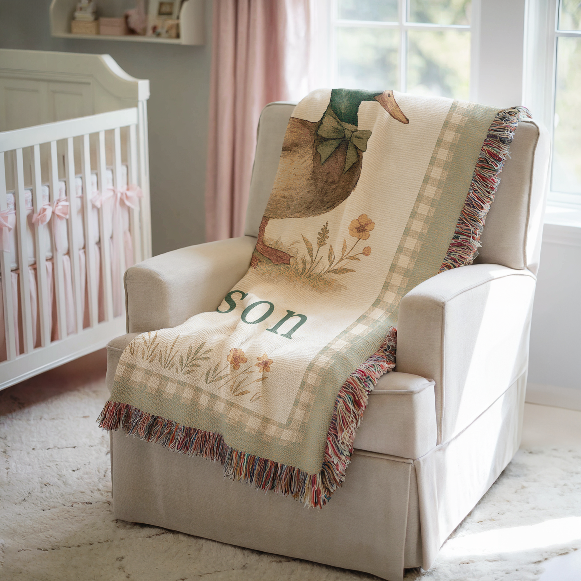 Personalized Mallard Duck Woven Blanket | Custom Name Nursery Keepsake