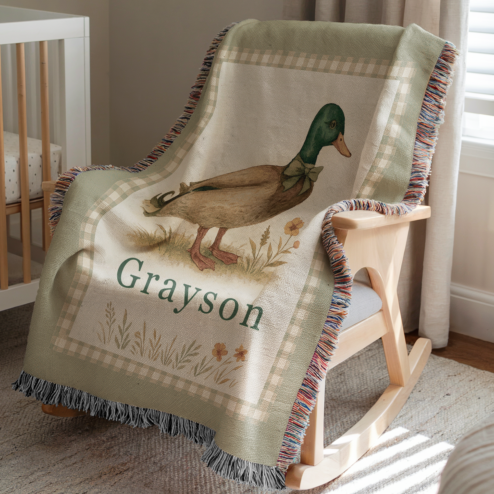 Personalized Mallard Duck Woven Blanket | Custom Name Nursery Keepsake
