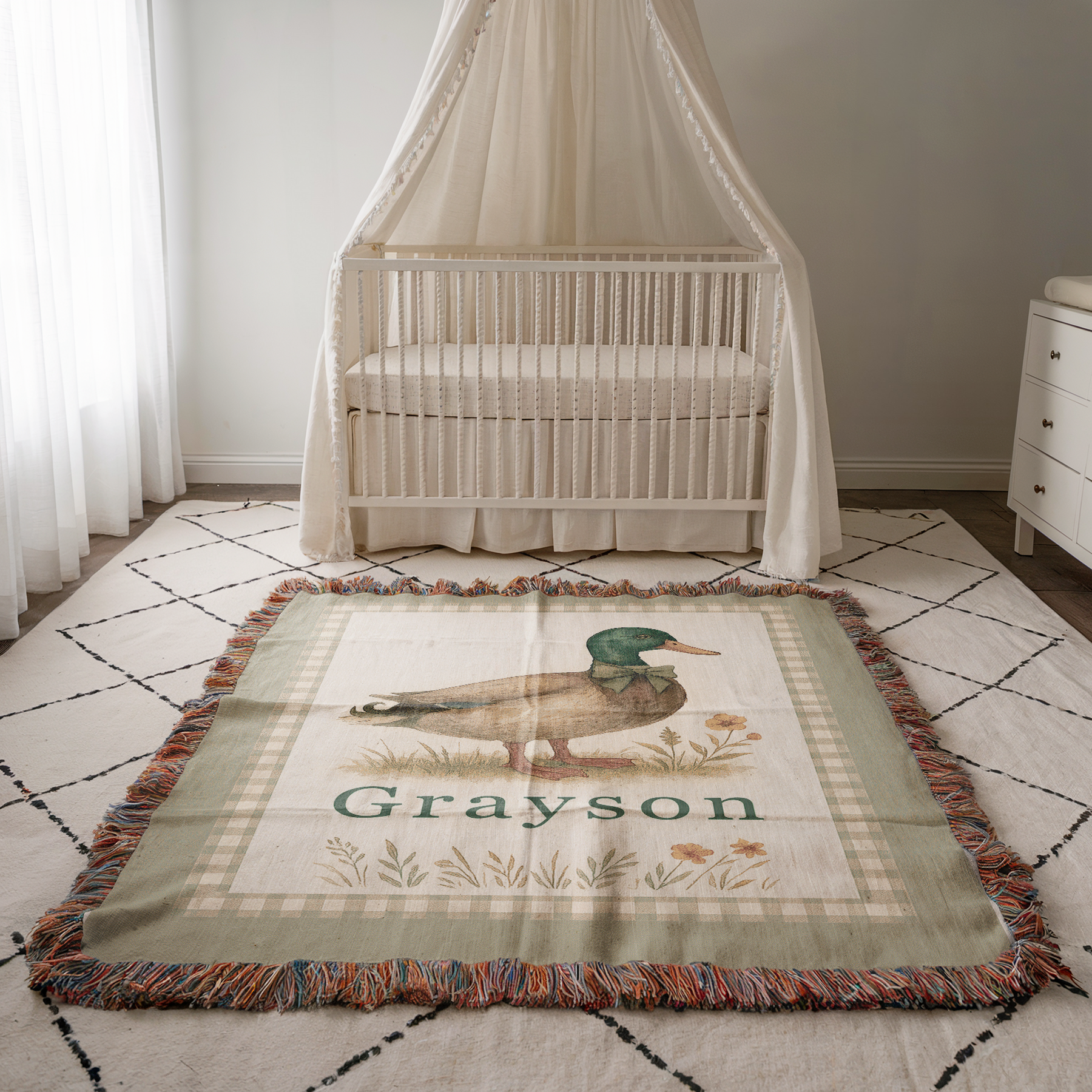 Personalized Mallard Duck Woven Blanket | Custom Name Nursery Keepsake