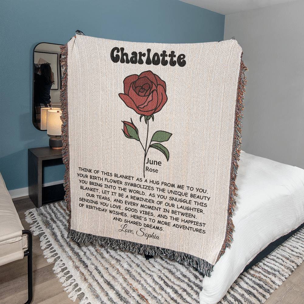 Personalized Birth Flower Woven Blanket – Custom Name and Message – Perfect Birthday or Appreciation Gift