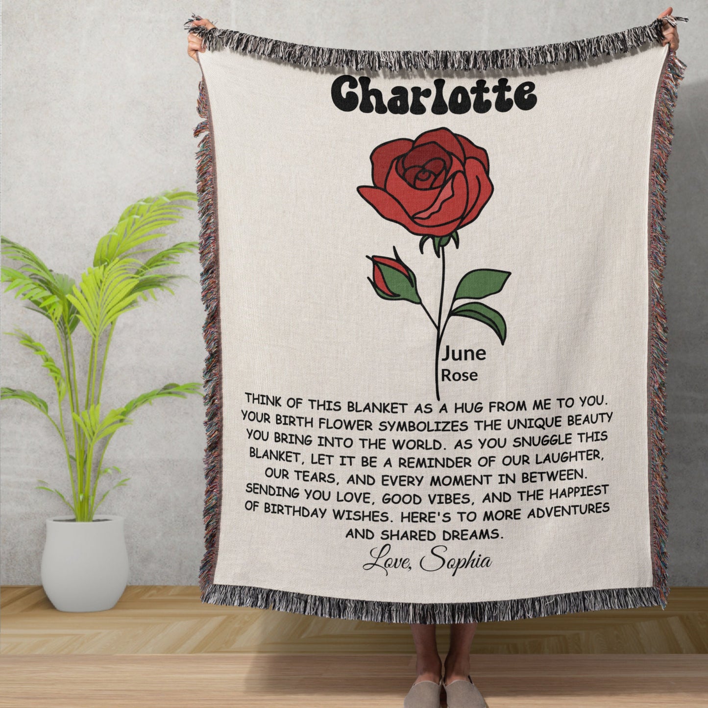 Personalized Birth Flower Woven Blanket – Custom Name and Message – Perfect Birthday or Appreciation Gift