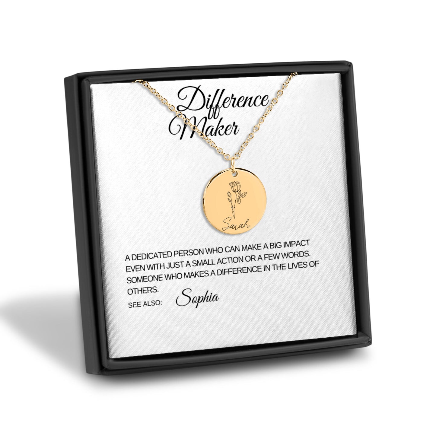name & birth flower necklace difference maker white card with black font