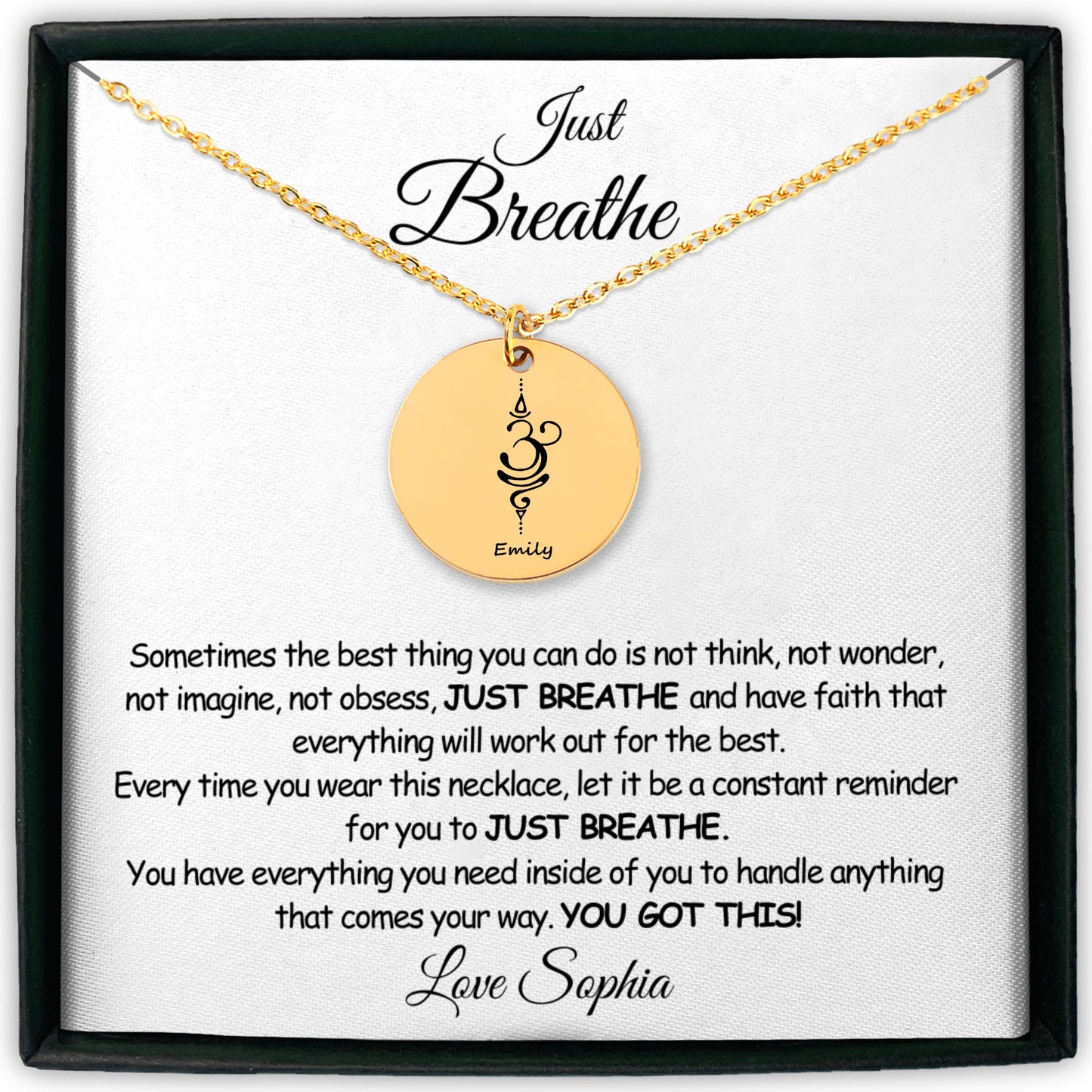 Custom "Just Breathe" Dainty Necklace with Engraved Breathe Symbol - Personalized Inspirational Jewelry - Gift for Strength and Peace - WH2