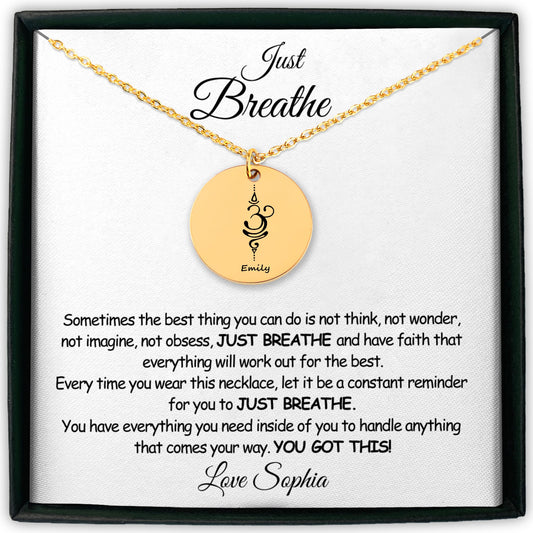 Custom "Just Breathe" Dainty Necklace with Engraved Breathe Symbol - Personalized Inspirational Jewelry - Gift for Strength and Peace - WH2
