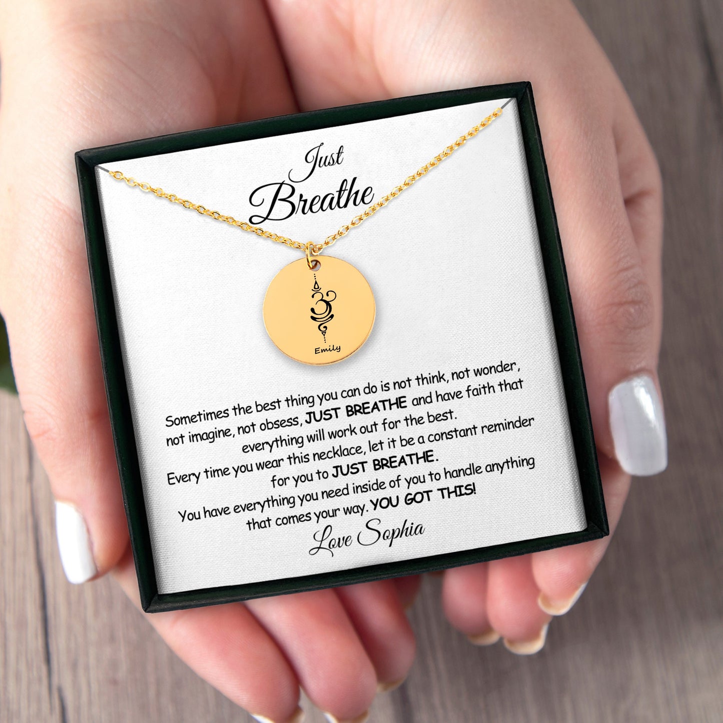 Custom "Just Breathe" Dainty Necklace with Engraved Breathe Symbol - Personalized Inspirational Jewelry - Gift for Strength and Peace - WH2