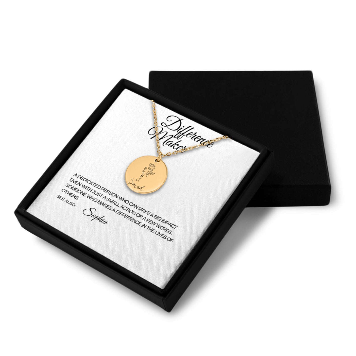 name & birth flower necklace difference maker white card with black font