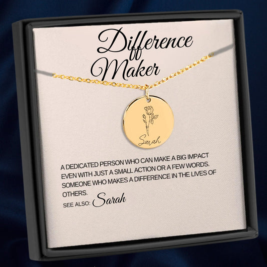 Personalized Difference Maker | Name Birth Flower Necklace Custom Front & Back Engraving | Gift for Mentors | Teacher Appreciation | Coaches