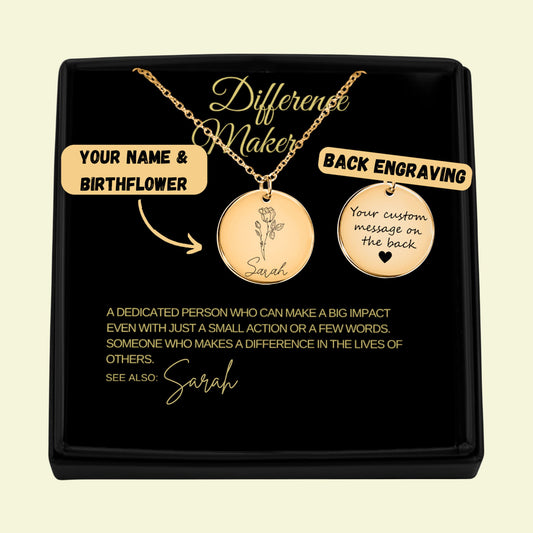 Personalized Difference Maker | Name Birth Flower Necklace Custom Engraving | Gift for Mentors | Teacher Appreciation | Coaches
