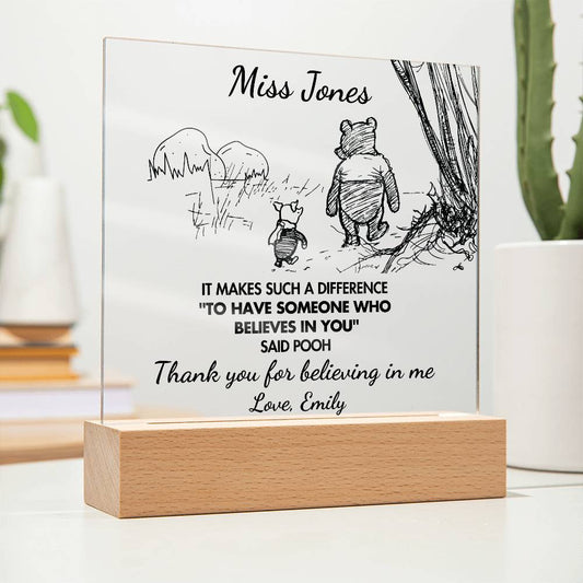 Personalized Teacher Gift Plaque with Solid Wooden Oak Stand - Thank You Gift with Winnie the Pooh Quote - Best Teacher Appreciation Present
