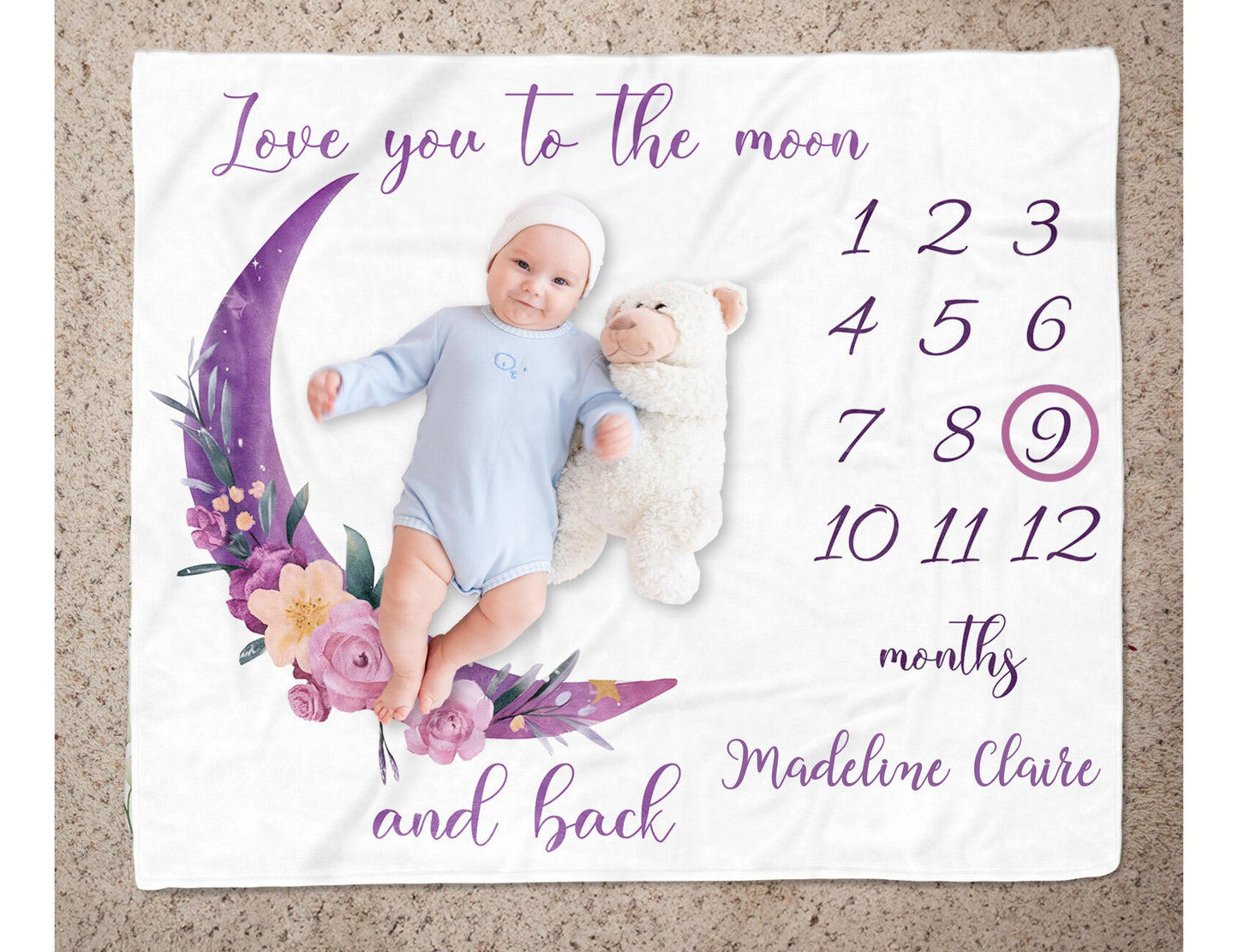 Personalized Baby Milestone Blanket | Custom Name Purple Moon & Floral Growth Tracker | Newborn Gift