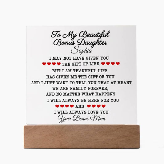 Personalized Bonus Daughter Gift | Custom Name Message Plaque from Bonus Mom, Gift from Step Dad