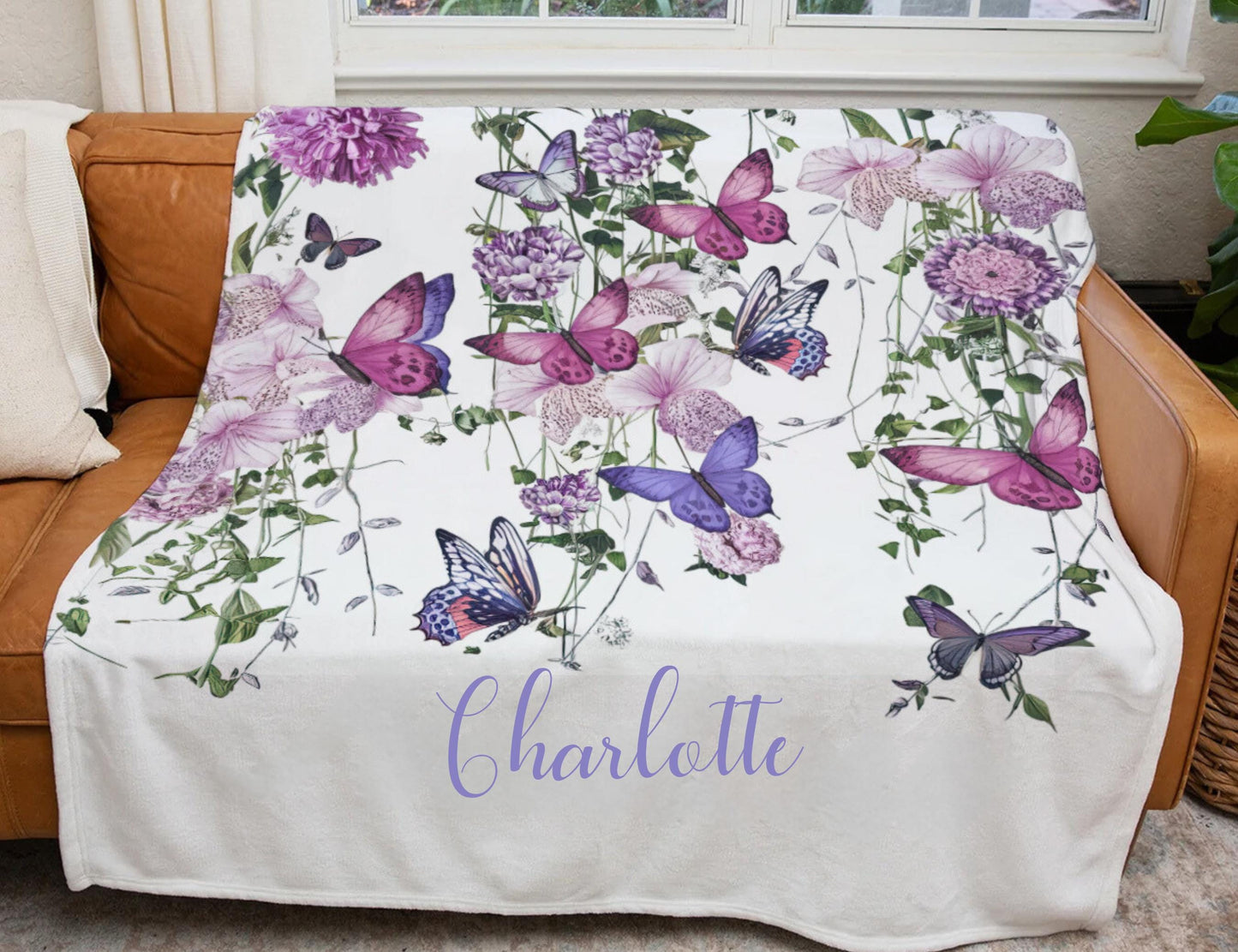 Personalized Butterfly Blanket | Custom Name Floral Fleece or Sherpa Throw Birthday Gift, Anniversary Gift