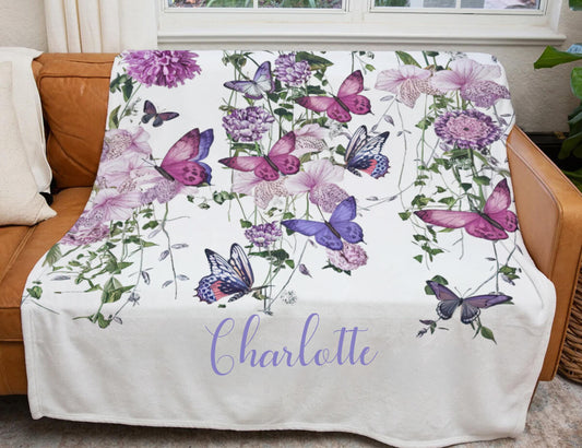Personalized Butterfly Blanket | Custom Name Floral Fleece or Sherpa Throw Birthday Gift, Anniversary Gift