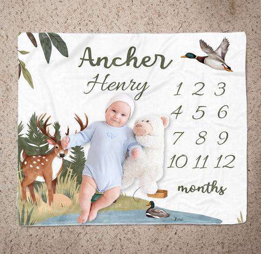 Personalized Baby Milestone Blanket | Custom Name Outdoor Adventure Fleece or Sherpa Blanket | Newborn Growth Tracker