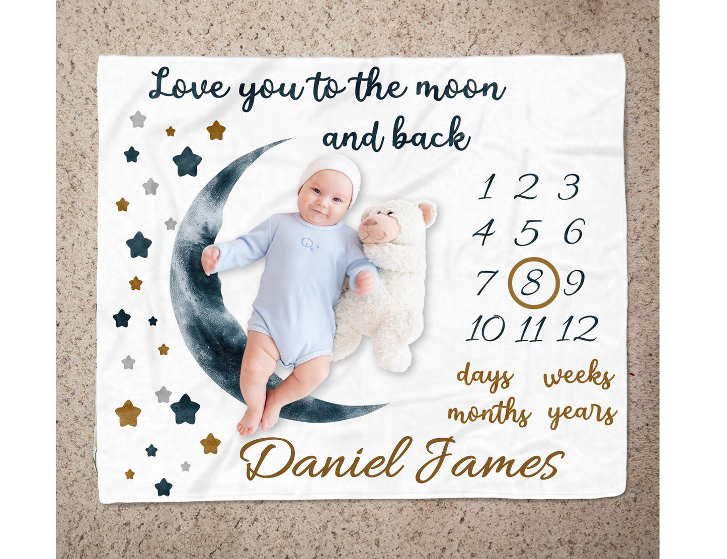 Personalized Moon & Stars Baby Milestone Blanket | Custom Name Fleece or Sherpa | Newborn Growth Tracker Gift
