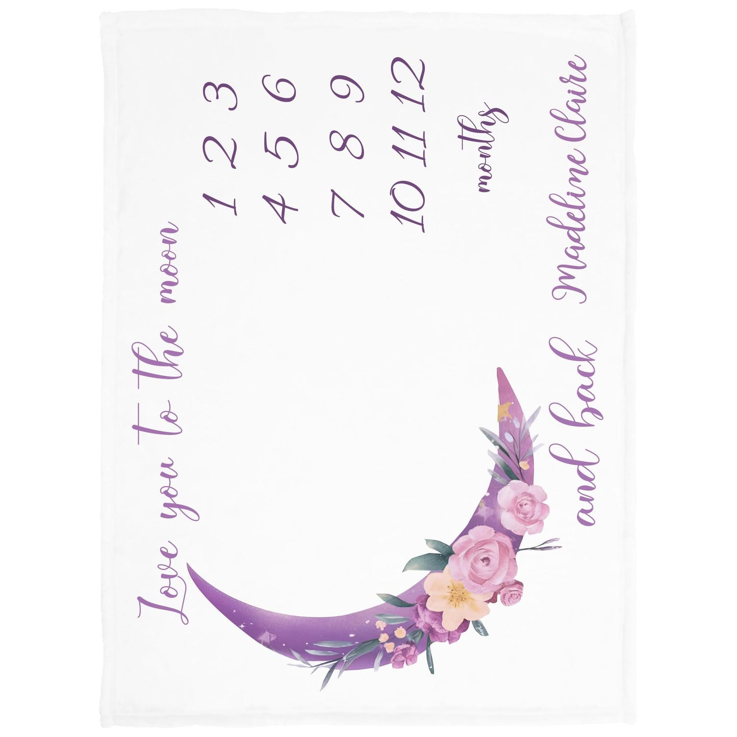 Personalized Baby Milestone Blanket | Custom Name Purple Moon & Floral Growth Tracker | Newborn Gift