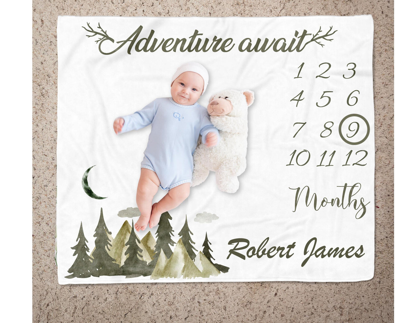 Personalized Woodland Adventure Baby Milestone Blanket | Custom Name Growth Tracker | Baby Shower Gift