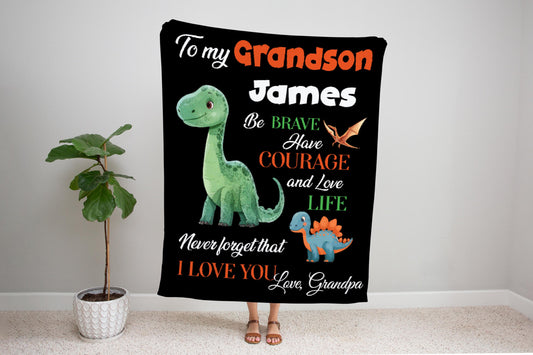 Personalized Grandson Blanket | Custom Name Dinosaur Fleece or Sherpa Throw | Gift from Nana or Grandpa