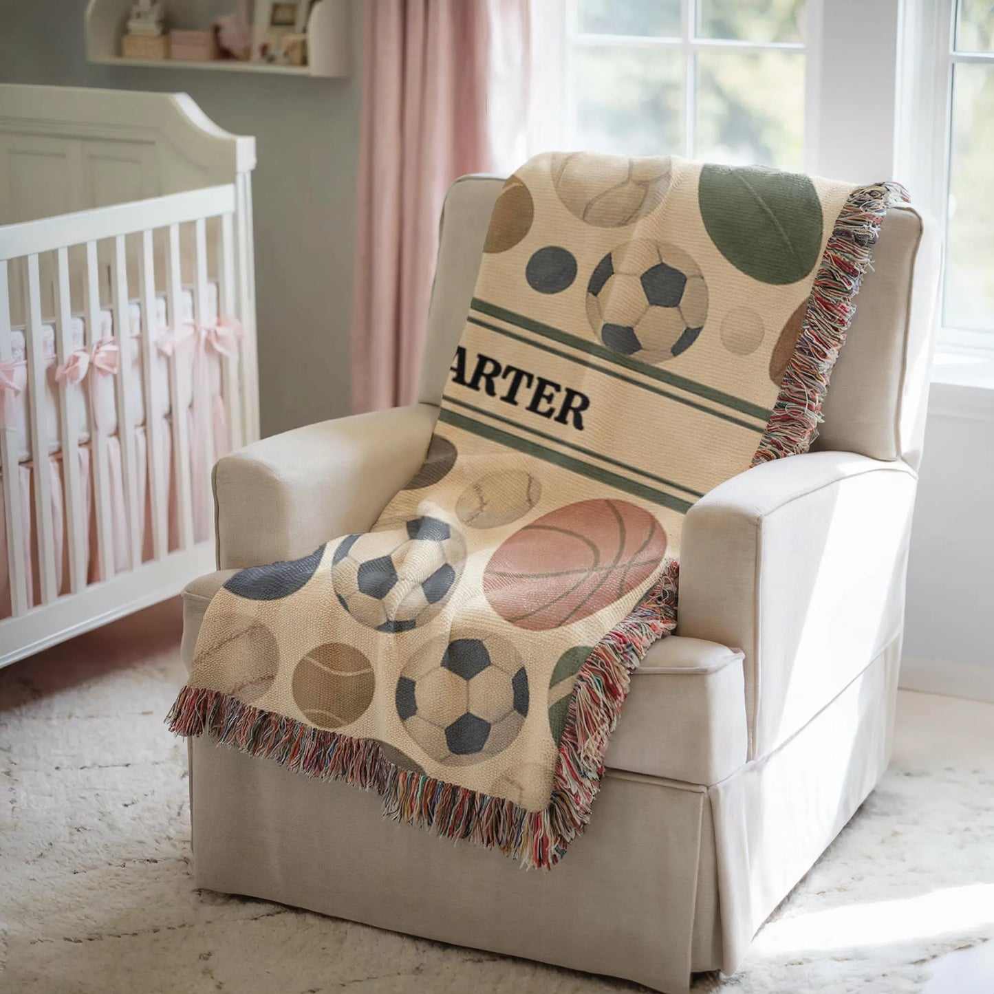 Sports Baby Blanket Personalized – Custom Name Woven Nursery Throw with Basketball Soccer Football