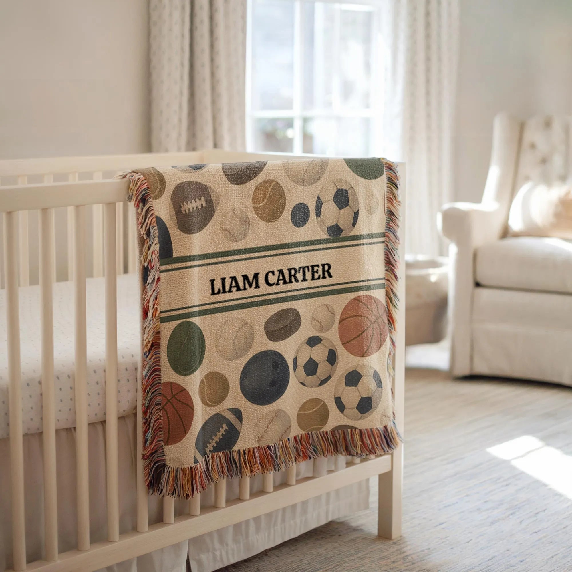 Sports Baby Blanket Personalized – Custom Name Woven Nursery Throw with Basketball Soccer Football