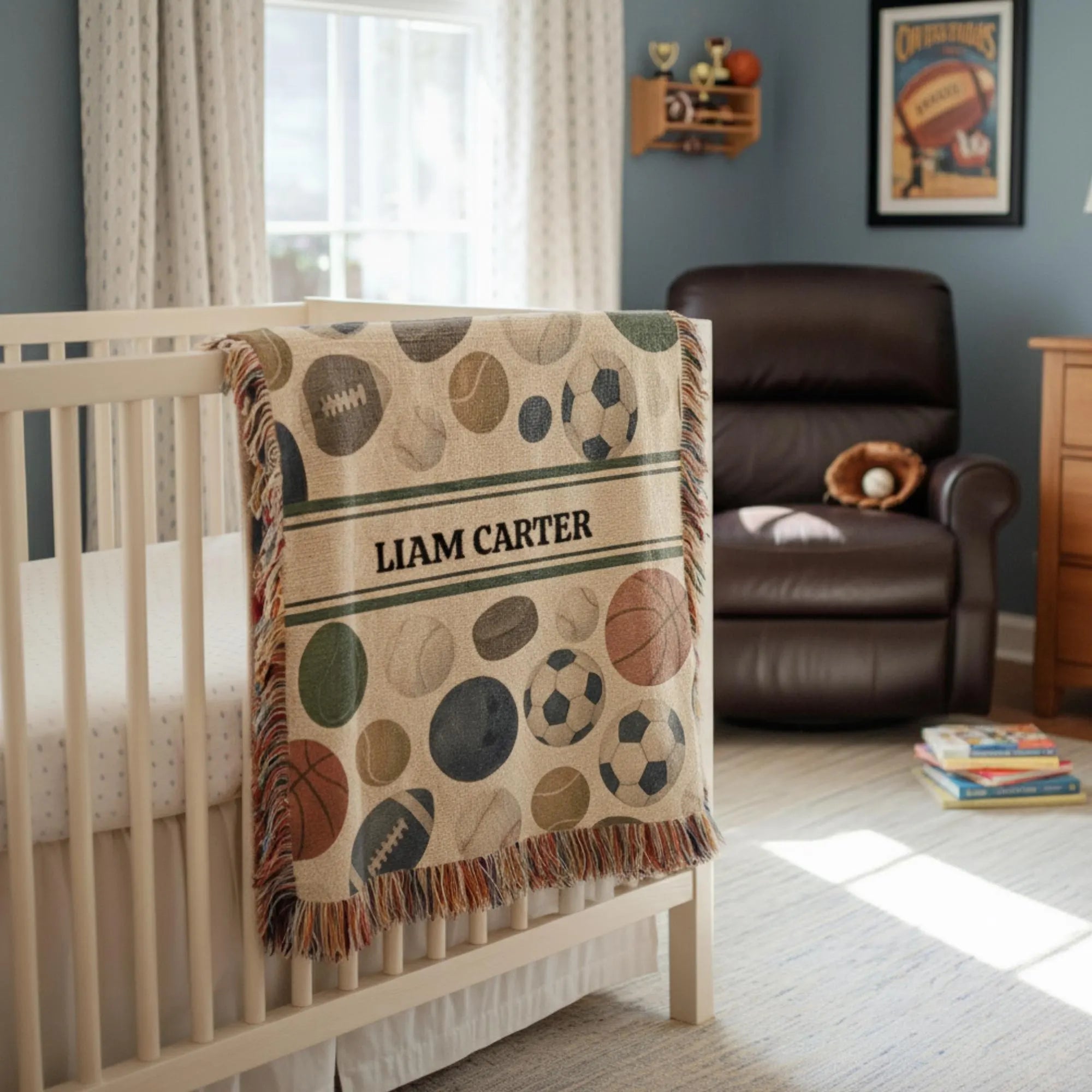 Sports Baby Blanket Personalized – Custom Name Woven Nursery Throw with Basketball Soccer Football