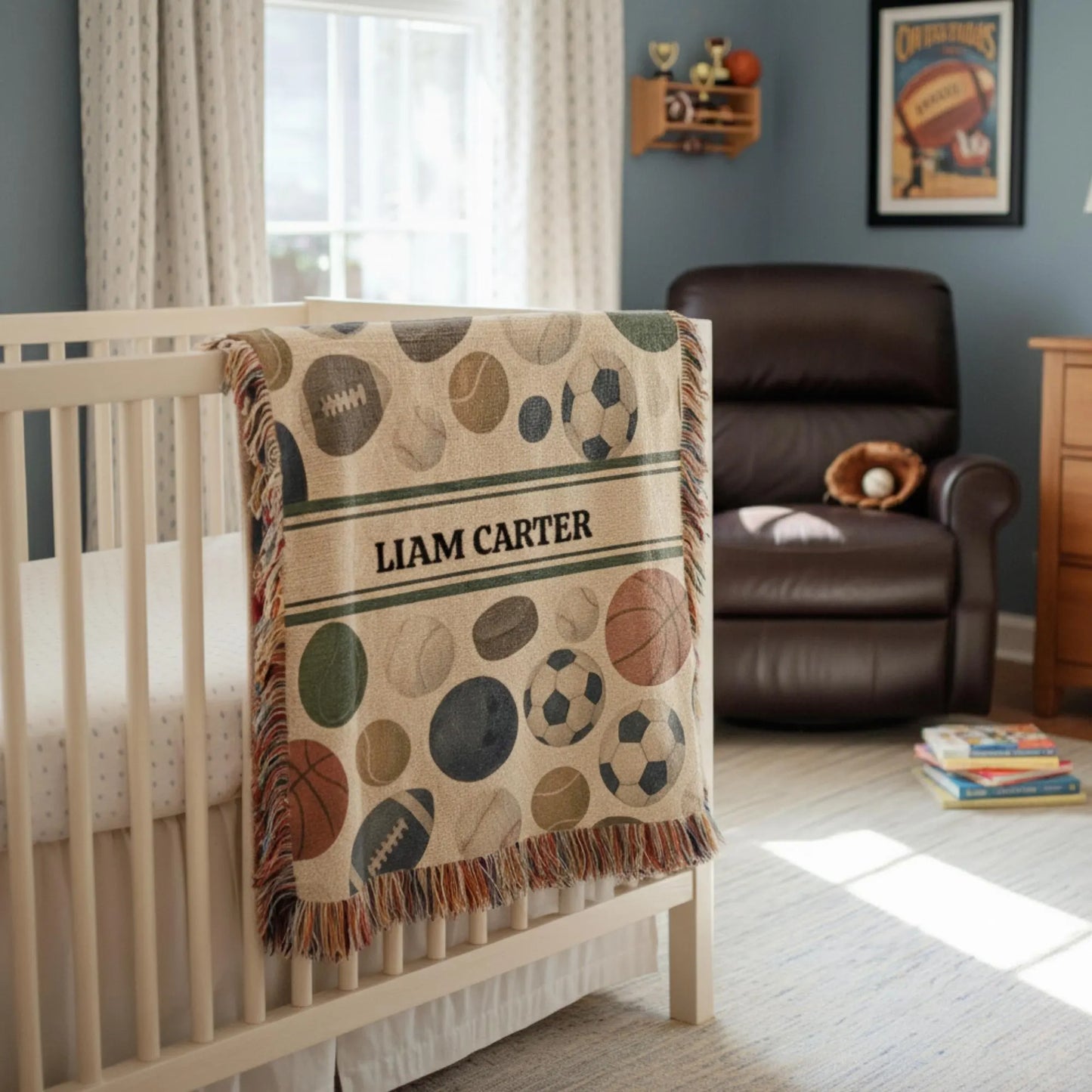 Sports Baby Blanket Personalized – Custom Name Woven Nursery Throw with Basketball Soccer Football