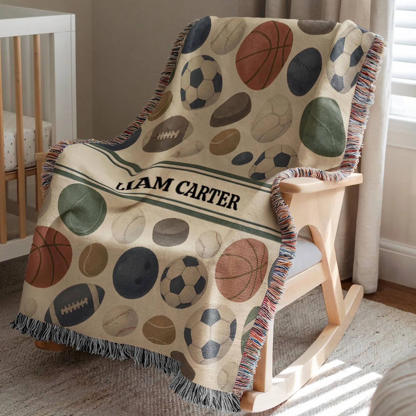 Sports Baby Blanket Personalized – Custom Name Woven Nursery Throw with Basketball Soccer Football