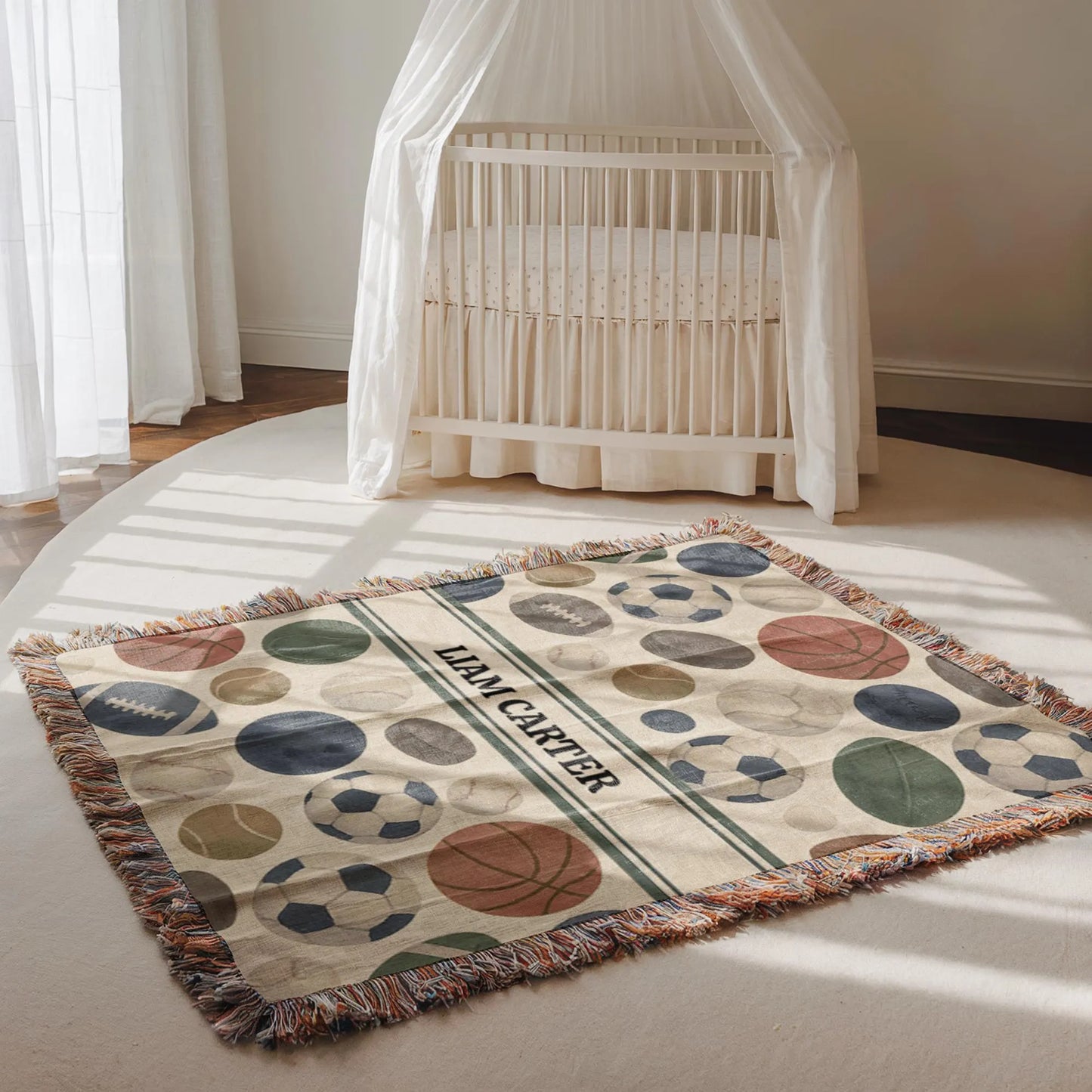 Sports Baby Blanket Personalized – Custom Name Woven Nursery Throw with Basketball Soccer Football