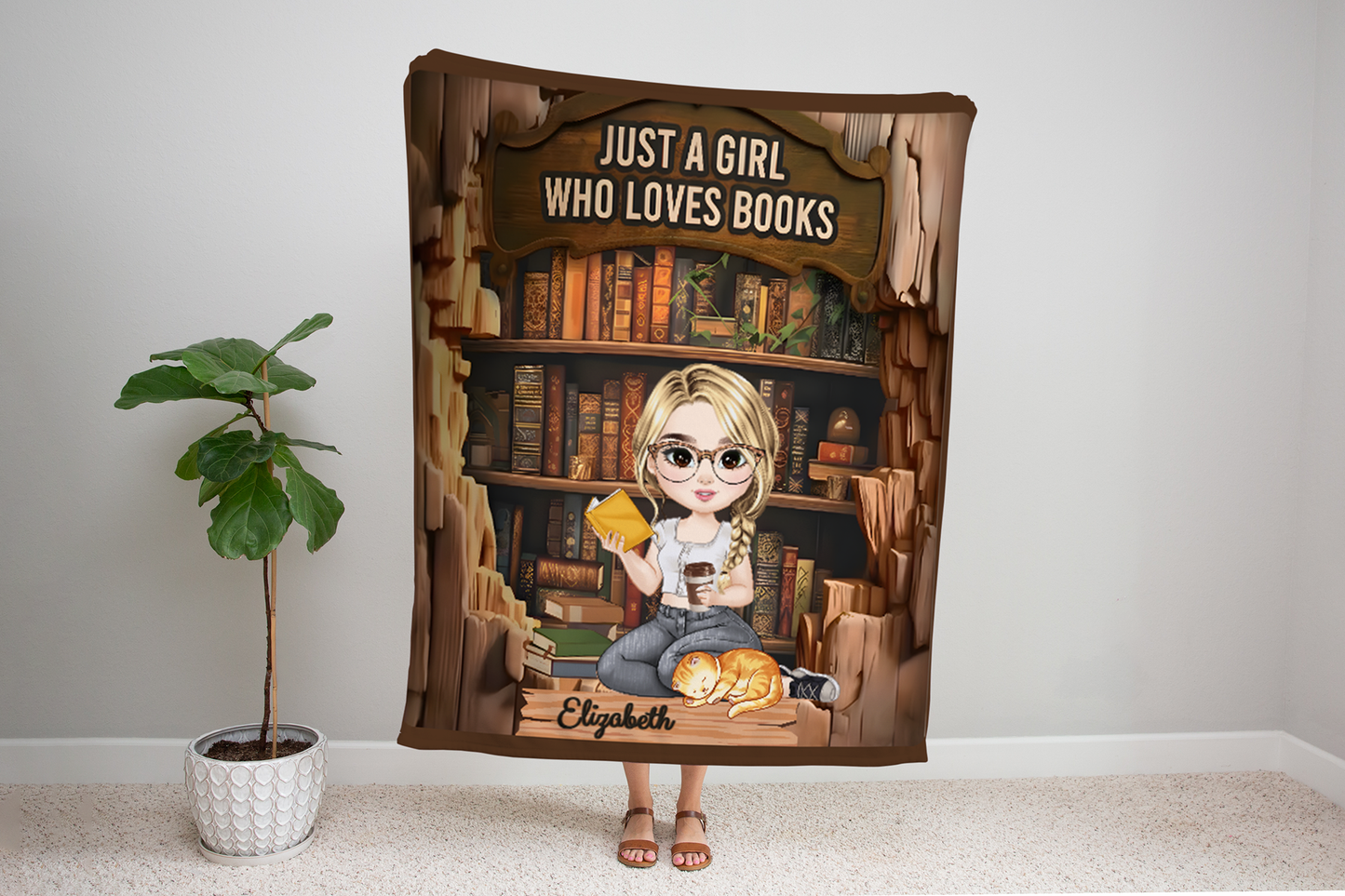 Personalized Book Lover Blanket | Custom Girl Reading Blanket with Name & Character | Bookworm Gift, Librarian, Cozy Reader Throw