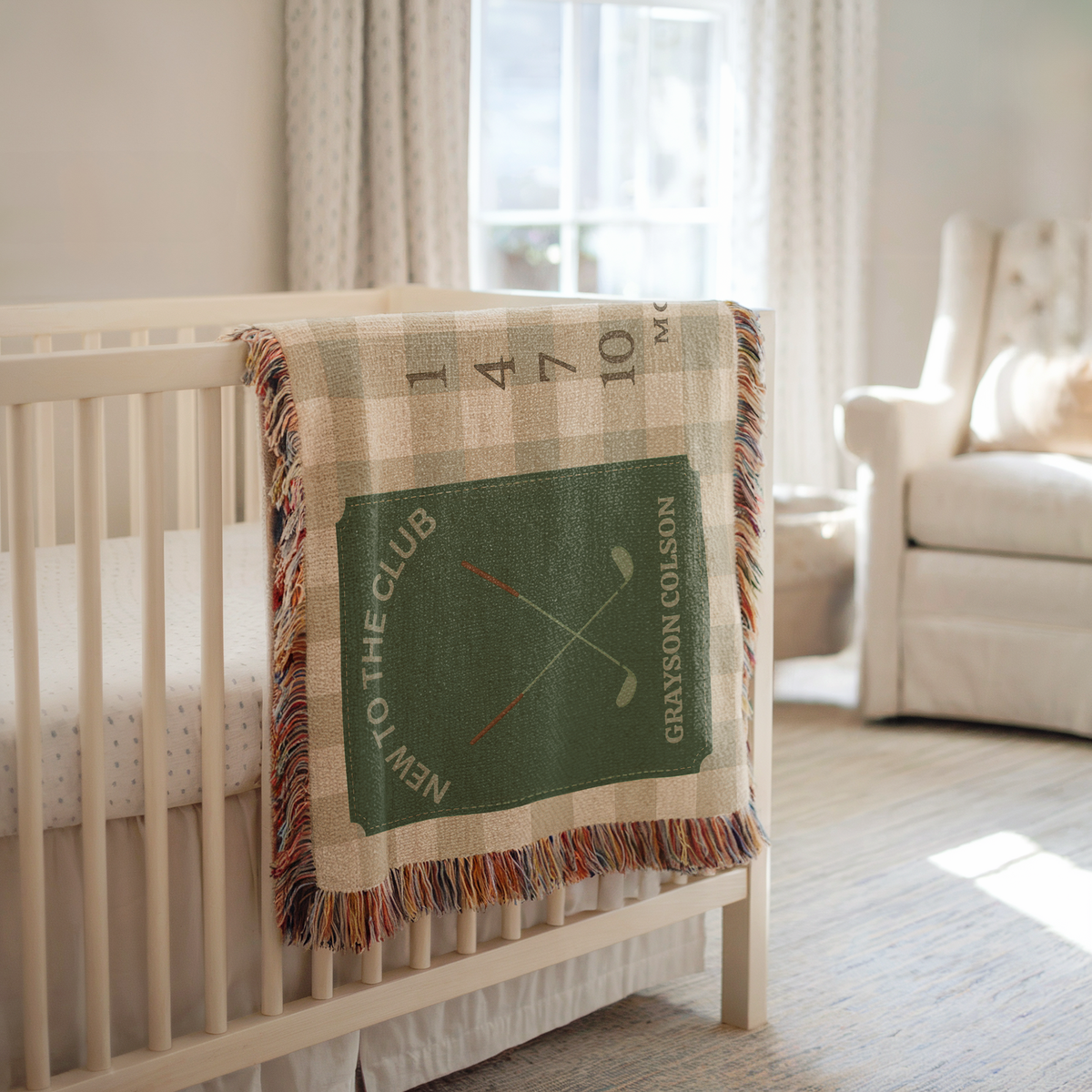 Personalized Golf Milestone Blanket – Custom Name Woven Baby Blanket New to the Club Sage Gingham Nursery Decor