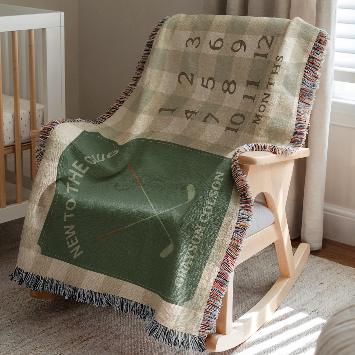 Personalized Golf Milestone Blanket – Custom Name Woven Baby Blanket New to the Club Sage Gingham Nursery Decor