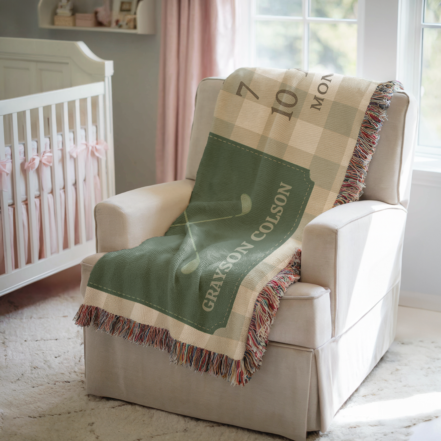 Personalized Golf Milestone Blanket – Custom Name Woven Baby Blanket New to the Club Sage Gingham Nursery Decor