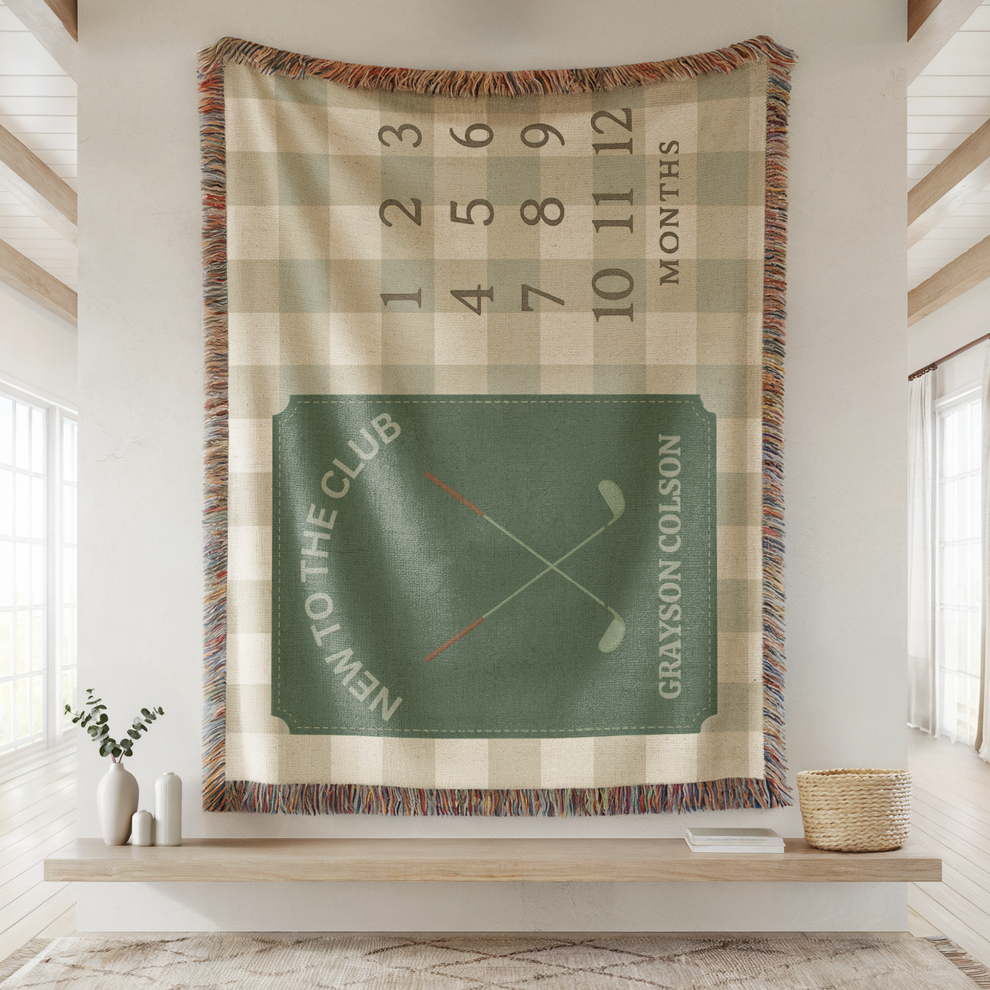Personalized Golf Milestone Blanket – Custom Name Woven Baby Blanket New to the Club Sage Gingham Nursery Decor