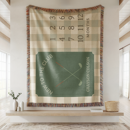 Personalized Golf Milestone Blanket – Custom Name Woven Baby Blanket New to the Club Sage Gingham Nursery Decor