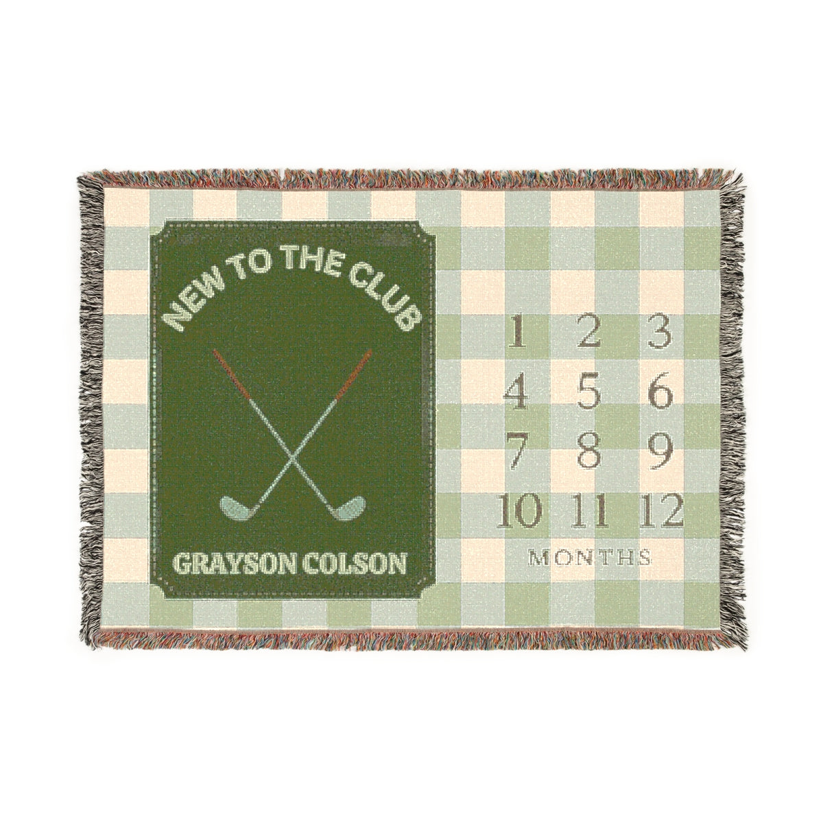 Personalized Golf Milestone Blanket – Custom Name Woven Baby Blanket New to the Club Sage Gingham Nursery Decor